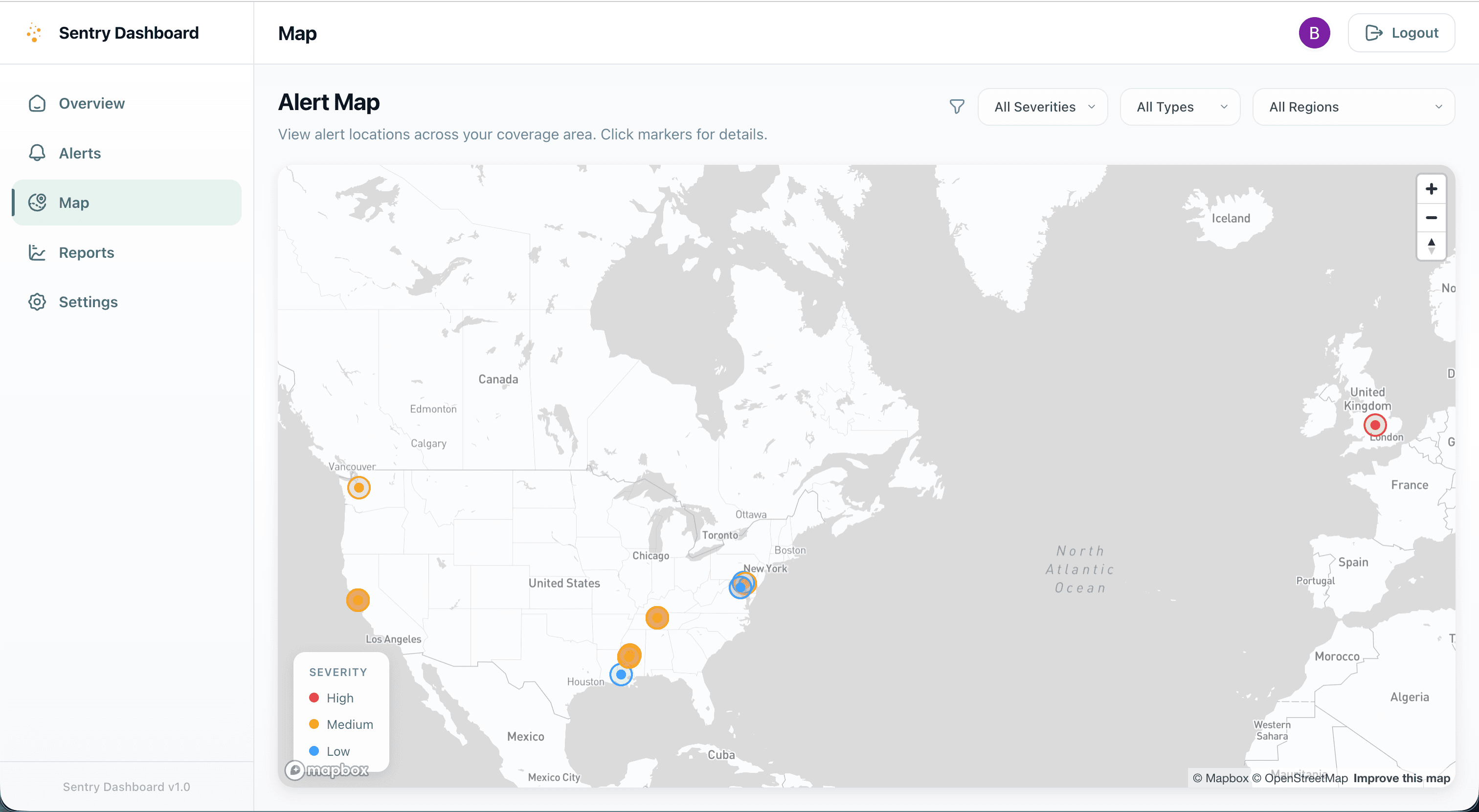 Sentry Dashboard preview showing real-time hazard monitoring